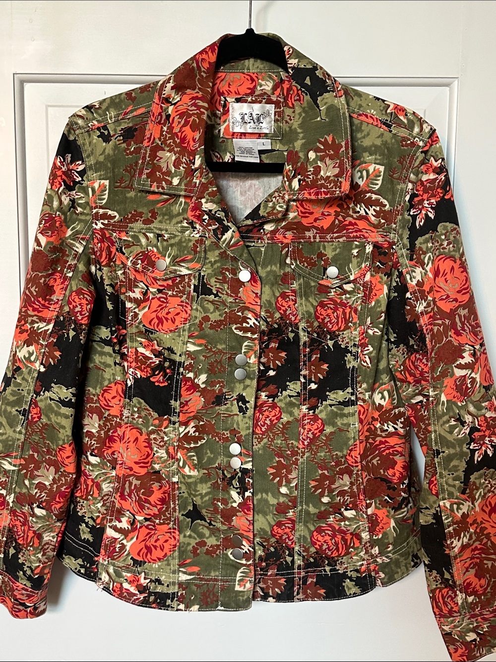 Live a Little Floral Button-Front Denim Jacket in Olive, Black & Red